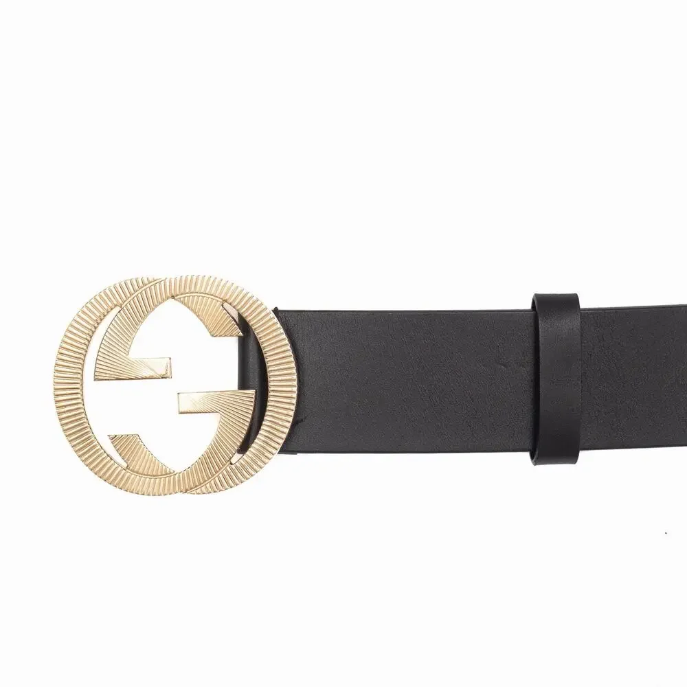 570$ GUCCI Black Leather Belt Gold-Tone Textured Interlocking GG Buckle 85/34
